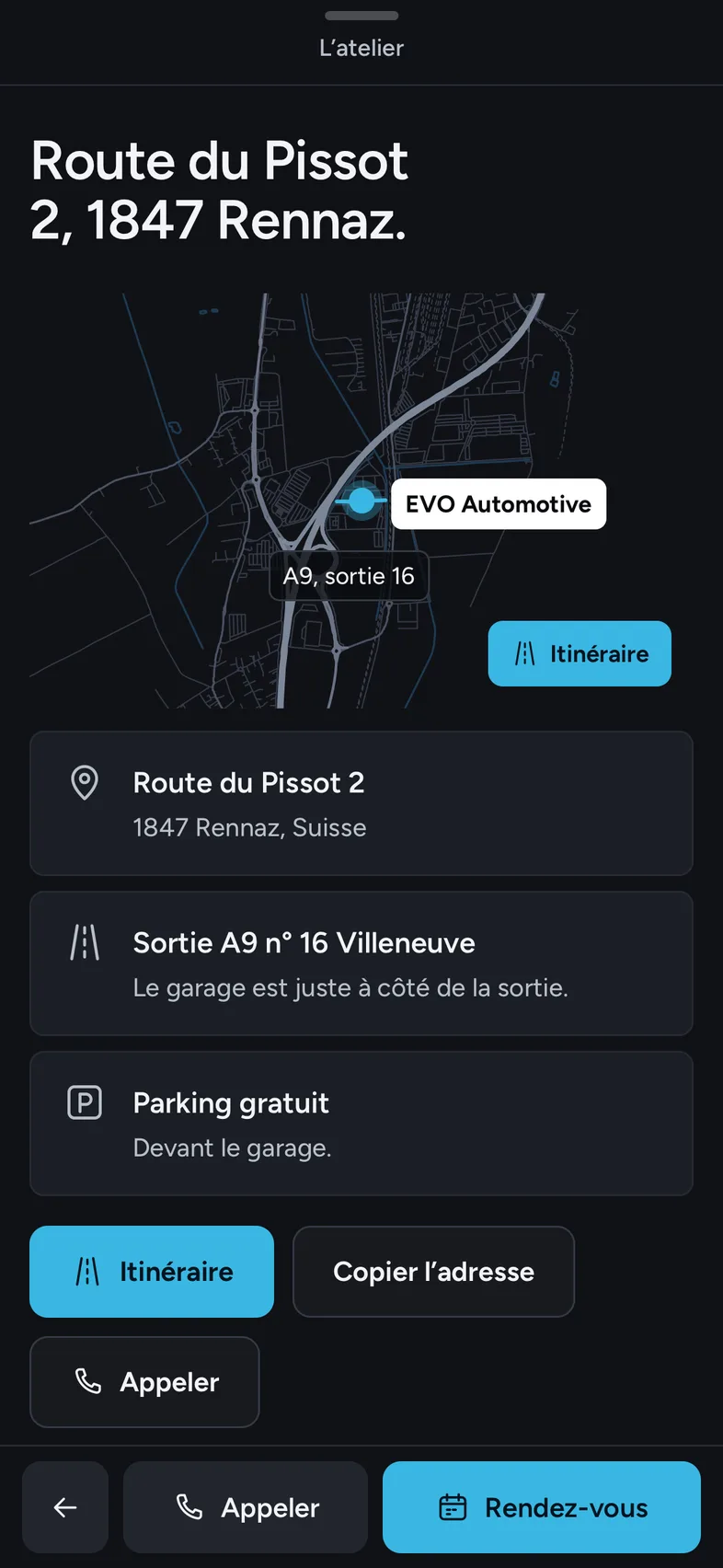 Panneau Atelier sur iPhone : plan, sortie d’autoroute, parking et boutons