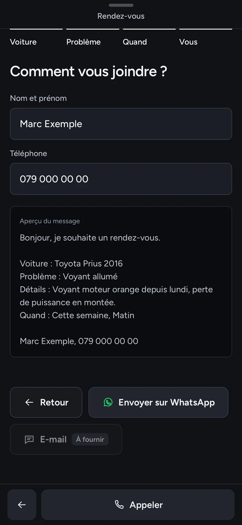 Dernière étape du rendez-vous sur iPhone, avec l’aperçu du message WhatsApp