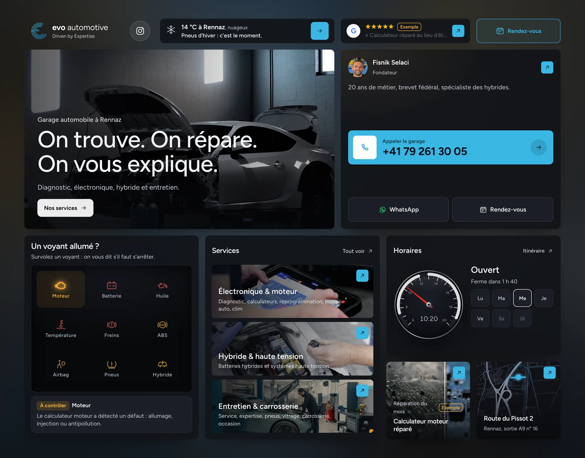 Accueil du site sur ordinateur : contact, voyants, services, horaires et accès sur un seul écran