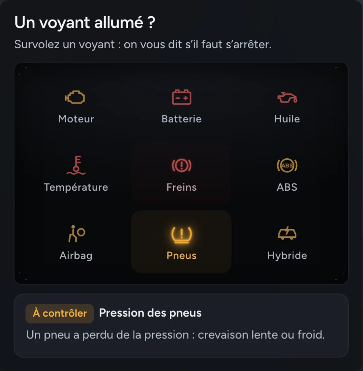 Tuile des voyants sur ordinateur, avec la réponse du voyant survolé